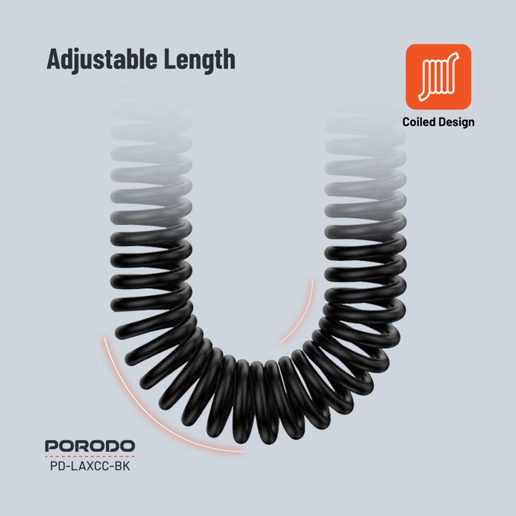 Porodo 3.5mm Lightning AUX Coiled Audio Cable Convenient Tangle-Free Design 1.2m/4ft, Lightning to AUX, Universal Compatibility, Auto Retractable - Black