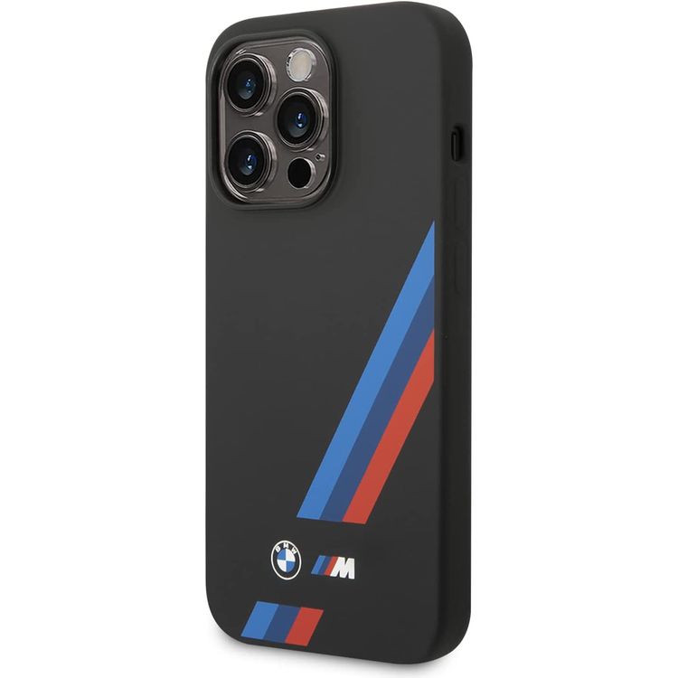 BMW M Collection Magsafe Compatibility Liquid Silicone Case Slanted Tricolor Stripes iPhone 14 Pro Compatibility - Black