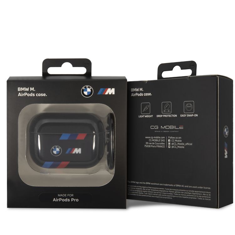 حافظة سماعات BMW M Collection لأيربودز بتصميم TPU خطوط ثلاثية الألوان وشعار مطبوعة بلمعة تتناسب مع أيربودز برو - أسود