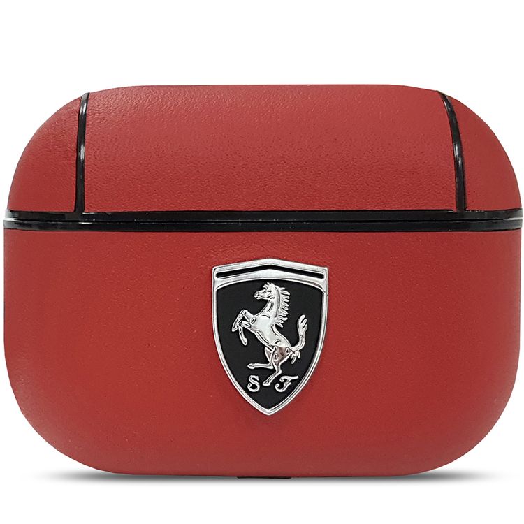 CG Mobile Ferrari PC Leather Black Shield Metal Logo for Airpods Pro Officially Licensed, Dust Proof, Scratch Proof, Dirt Proof, Protective Cover, Compatible with AirPods Pro - Red