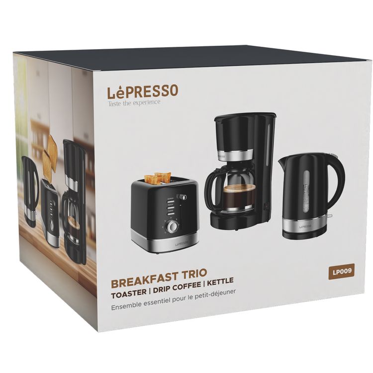 طقم إفطار من LePresso، محمصة، غلاية وماكينة صنع القهوة بالتنقيط، إيقاف التشغيل التلقائي، وظيفة الحفاظ على الدفء، عنصر تسخين من الفولاذ المقاوم للصدأ - أسود 