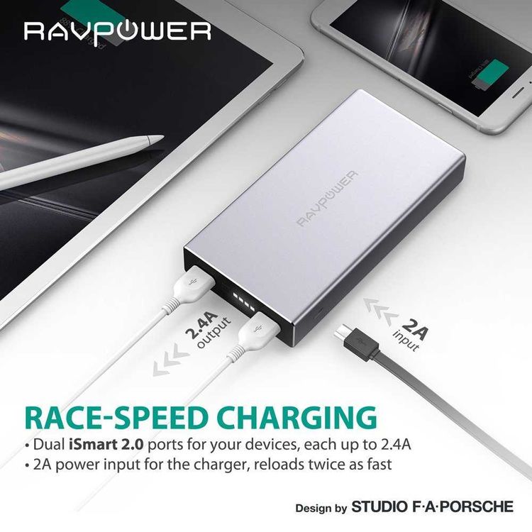 RAVPower External Battery Pack 20100mAh Power Bank - Dual iSmart 2.0 Ports - Fast Charging Connector - Sleek Edges Portable Charger Powerbank with Fire-proof Protection - Silver