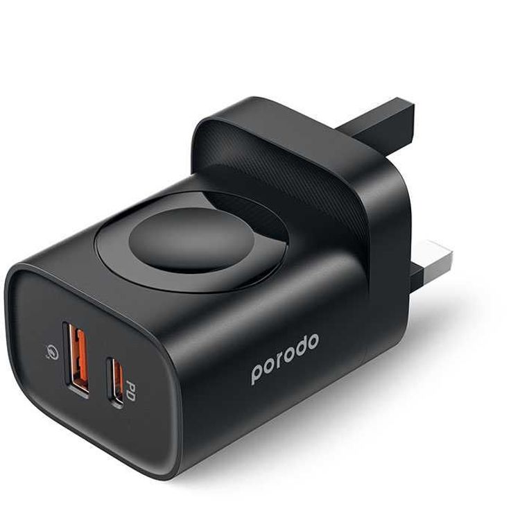 شاحن جداري متعدد الأجهزة متعدد المنافذ مع شاحن ساعة مدمج من بورودو - أسود