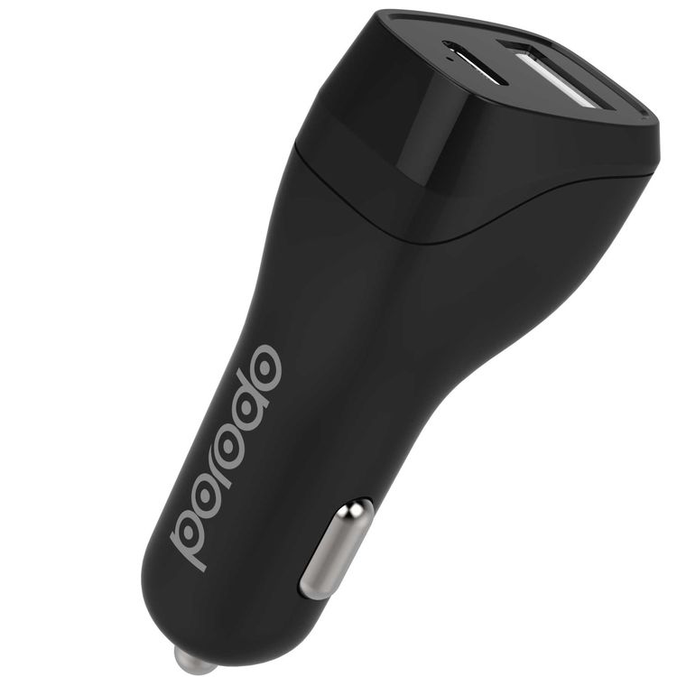 شاحن سيارة محمول مزدوج المنفذ 30W / PD 18W USB-A - منافذ USB-C شحن سريع محول طاقة السيارة متوافق مع iPhone - محول ولاعة سجائر السيارة بتصميم مدمج من Porodo - أسود