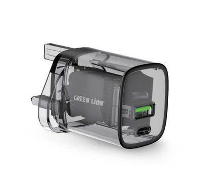 شاحن حائط شفاف من Green Lion، PD 33W، منفذين USB-A وUSB-C، حماية الشحن، حماية من الحرارة الزائدة، قابس المملكة المتحدة - أسود