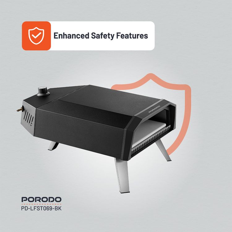 فرن بيتزا بورودو لايف ستايل 12 بوصة في الهواء الطلق بأرجل قابلة للطي، وقت طهي 60 ثانية، تسخين سريع 500 درجة مئوية، متوافق مع البيوتان والبروبان، 30-45 دقيقة قبل التسخين، إشعال بيزو - أسود