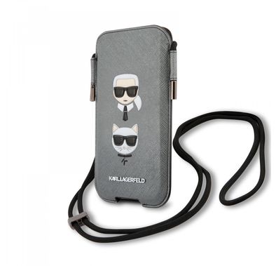 Karl Lagerfeld PU Saffiano Pouch With Karl & Choupette`s Head Large - Silver