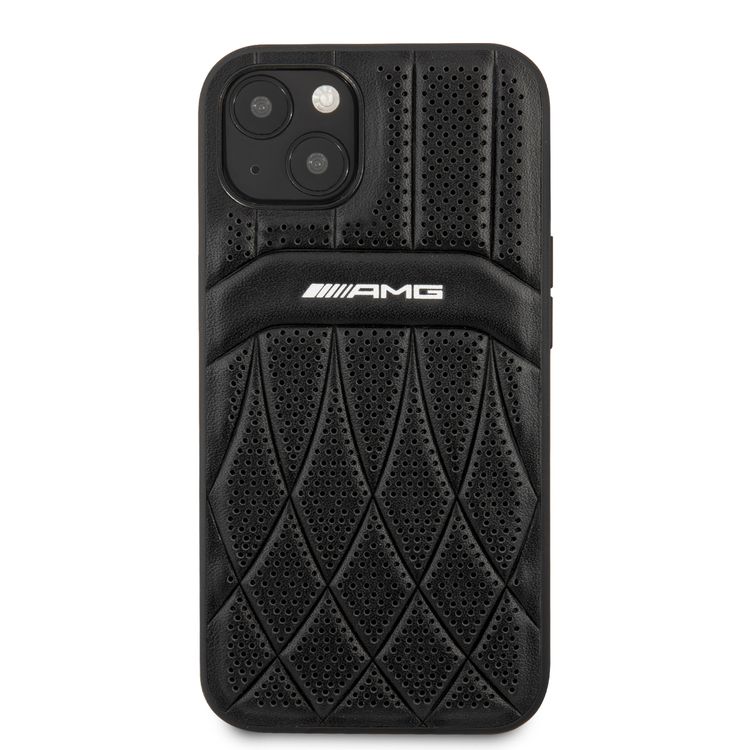 CG MOBILE AMG Genuine Leather Case With Perforated Black Leather Curved Lines Hot Stamped With Logo Compatible with iPhone 13 Pro Max (6.7") Easy Access to All Ports, Shock-Absorption, Anti-Scratch, & Drop Protection Back Cover Suitable with Wireless Charging Officially Licensed