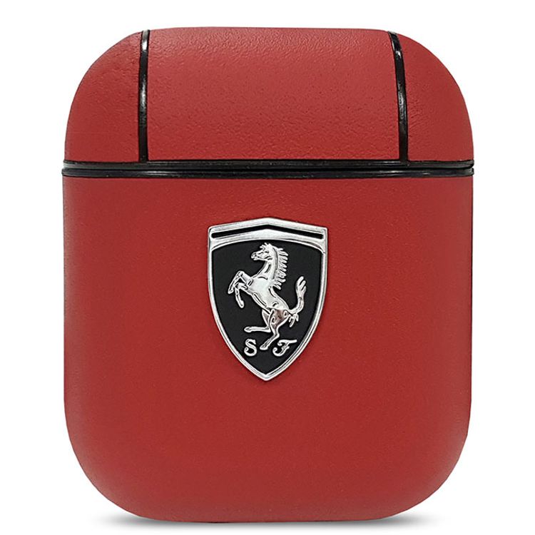 CG Mobile Ferrari PC Leather Black Shield Metal Logo Compatible for AirPods 1/2 - Red