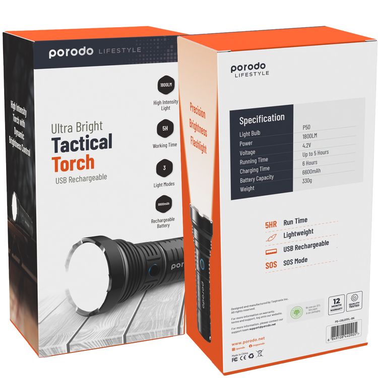 مصباح يدوي تكتيكي LED قابل لإعادة الشحن من Porodo للتخييم، سطوع 1800 لومن، سعة بطارية 6600 مللي أمبير، وقت شحن 6 ساعات، وقت تشغيل يصل إلى 5 ساعات، منفذ شحن من النوع C - أسود