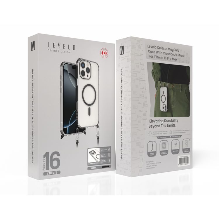 Levelo Celeste MagSafe Case with Crossbody Strap for iPhone 16 Pro, AirGuard Technology, Metal Hook, Durable Material - Black