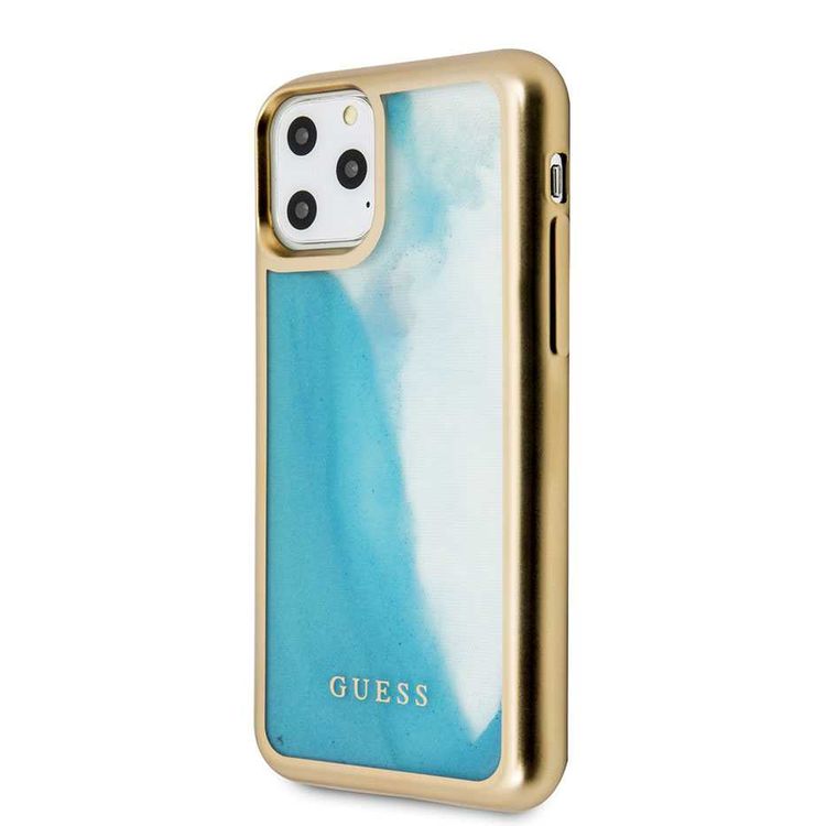CG MOBILE Guess Glow Dark TPU Case Compatible with iPhone 11 Pro, Fit & Lightweight, Supports Wireless Charger, Easy Access to All Ports, Officially Licensed - Matte Gold/Blue