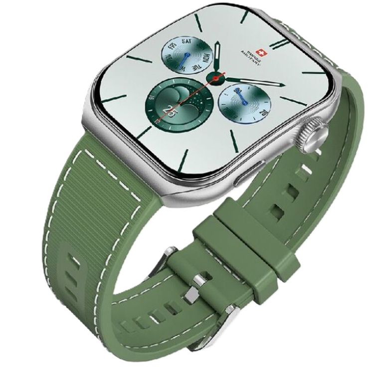 Swiss Military Alps 3 Smartwatch, 1.96" AMOLED Curved Glass Display, 1 Week Battery Life, Wireless Charging, Water Resistance, Receive and Makes Calls - Green Silicon Strap