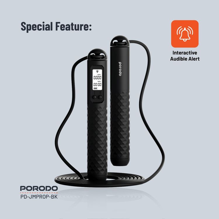 Porodo Lifestyle Smart Skipping Rope Forward & Reverse Counts, Battery Display Set Time - Black