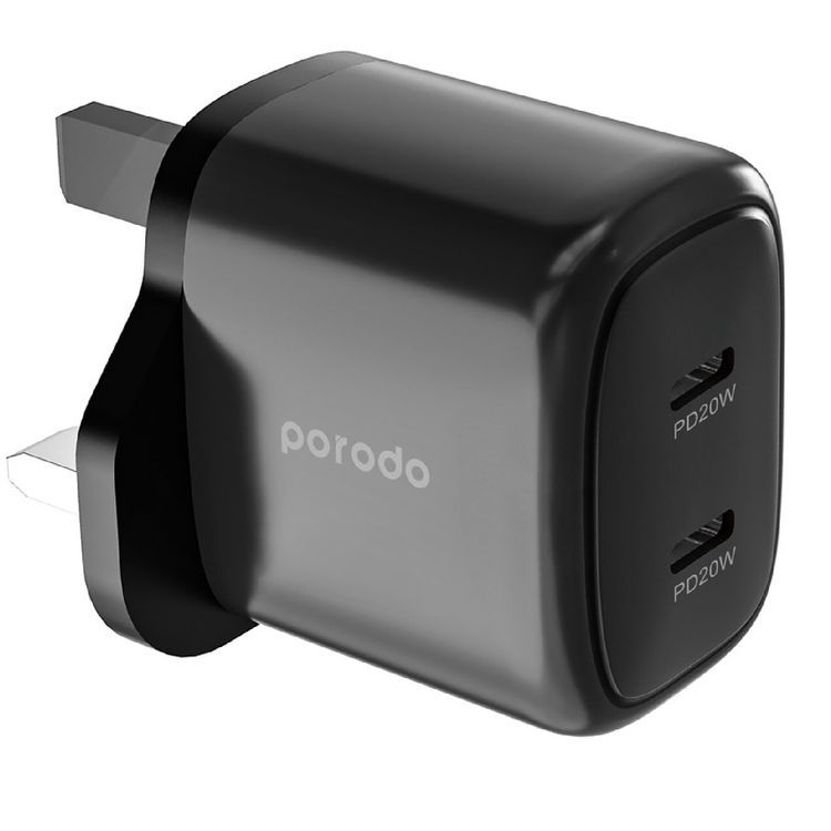 شاحن حائط Porodo ثنائي المنفذ USB-C يشحن جهازين في وقت واحد - أسود