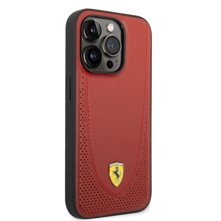 CG Ferrari Magsafe Compatibility Genuine Leather Hard Case with Curved Line Stitched iPhone 14 Pro Compatibility - Red