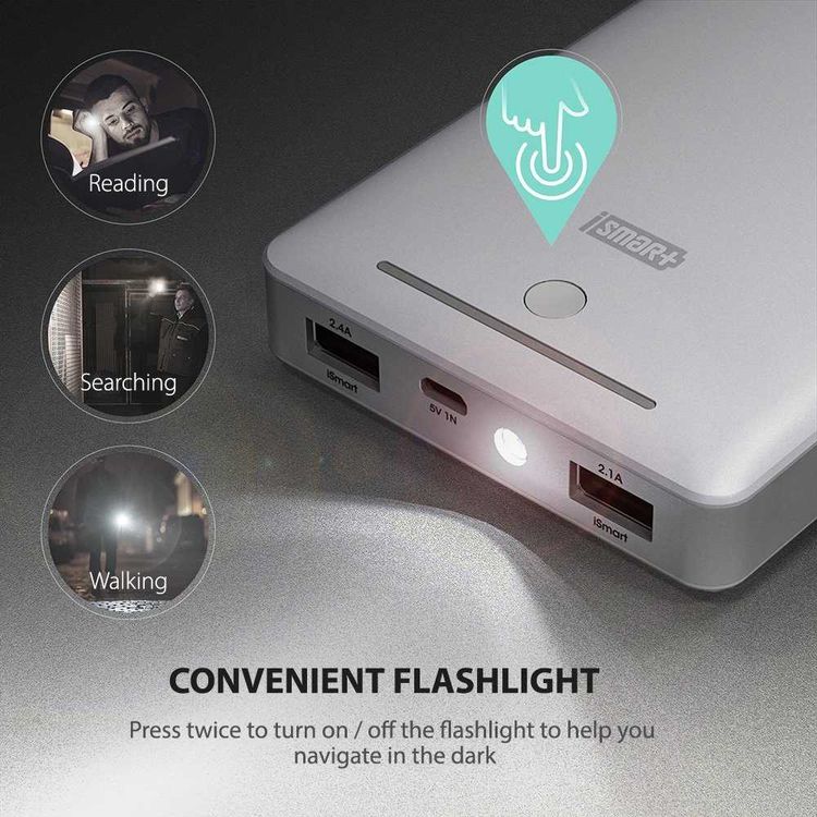 RAVPower Power Bank 16750mAh w/ Built-in Flashlight - Travel-friendly - Fast Charging Portable Charger Powerbank - Dual iSmart 2.0 Charging Port - Scratch Resistant Shell - White