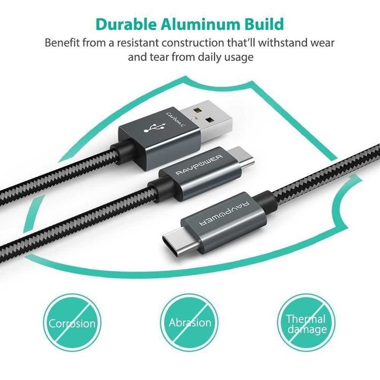 RAVPower 2 in 1 Nylon Braided Type-C Cable 3.3ft Compatible for Android Type-C Devices - Durable Aluminum Build Connector - Fast Charging Cord with Overvoltage Protection - Gray