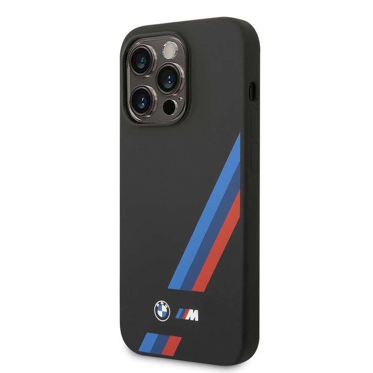 BMW M Collection Liquid Silicone Case with Slanted Tricolor Stripes PU iPhone 14 Pro Compatibility - Black