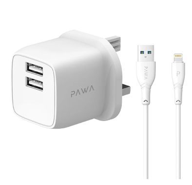 شاحن سفر PAWA PocketMini ثنائي USB بمعيار المملكة المتحدة من USB-A إلى كابل Lightning - أبيض