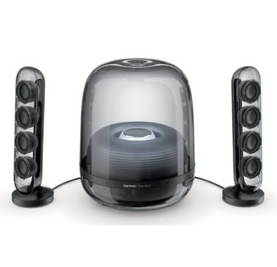 هارمان كاردون ساوند ستيكس 4 نظام مكبر صوت لاسلكي بلوتوث 2.1 ، تصميم أيقوني شفاف ، صوت استثنائي ، جهير غني من مضخم الصوت بالطاقة - أسود