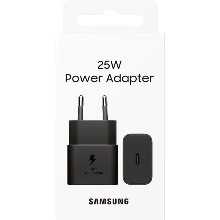 محول السفر من سامسونج 25 واط، 2 دبوس مع كابل USB Type-C إلى Type-C، دعم الشحن السريع، بقوة إخراج إجمالية 25 واط - أبيض، جهد دخل 100-240 فولت، جهد خروج 5 فولت (كحد أقصى، شحن عادي)، جهد خروج 9 فولت (كحد أقصى، شحن سريع) PDO - أسود