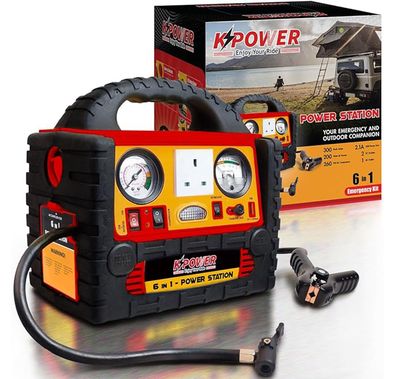 مولد طاقة محمول ومحرك سيارة K POWER، 1400 أمبير ذروة، 48000 مللي أمبير، 200 وات، 220 فولت، ضاغط هواء 260 رطل/بوصة مربعة، إضاءة LED، أمان عالي الطاقة