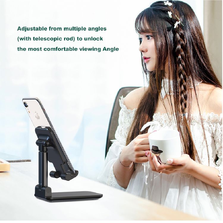 Devia Desktop Tablet Phone Stand, Adjustable, Lazy Stand, Anti-Slip Design, Safe & Secured, Portable Stand for Smartphones, Tablet, etc., Bedside, Office, Kitchen Table - Black