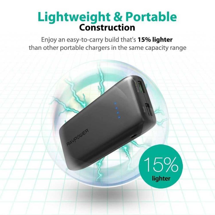 راف باور باور بانك بسعة 12000 مللي أمبير مع شحن سريع 3.0 مؤشر ليد مدمج ، شاحن خفيف الوزن ومحمول ، تصميم مدمج صديق للسفر ، باور بانك للحماية من الحرارة الزائدة - أسود