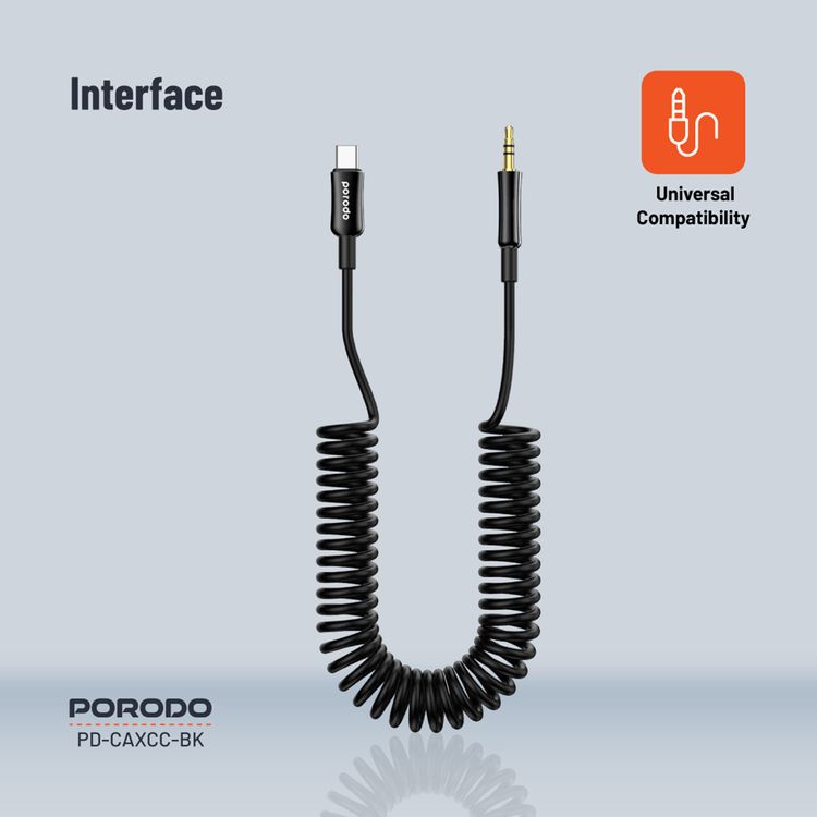 Porodo 3.5mm Type-C AUX Coiled Audio Cable Convenient Tangle-Free Design 1.2m/4ft, Type C to AUX, Universal Compatibility, Auto Retractable - Black