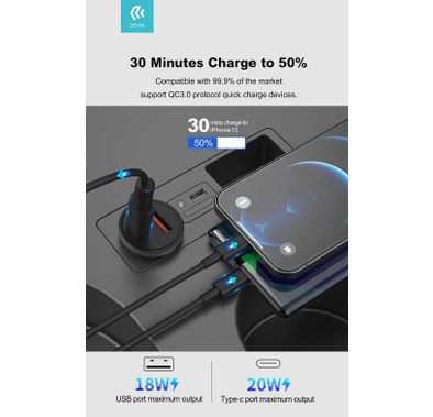 ديفيا سلسلة سمارت سيريز ميني PD + QC3.0 شاحن سيارة 20 وات - أسود