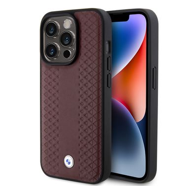 BMW Leather Case with Sign Diamond Pattern for iPhone 15 Pro  - Burgundy