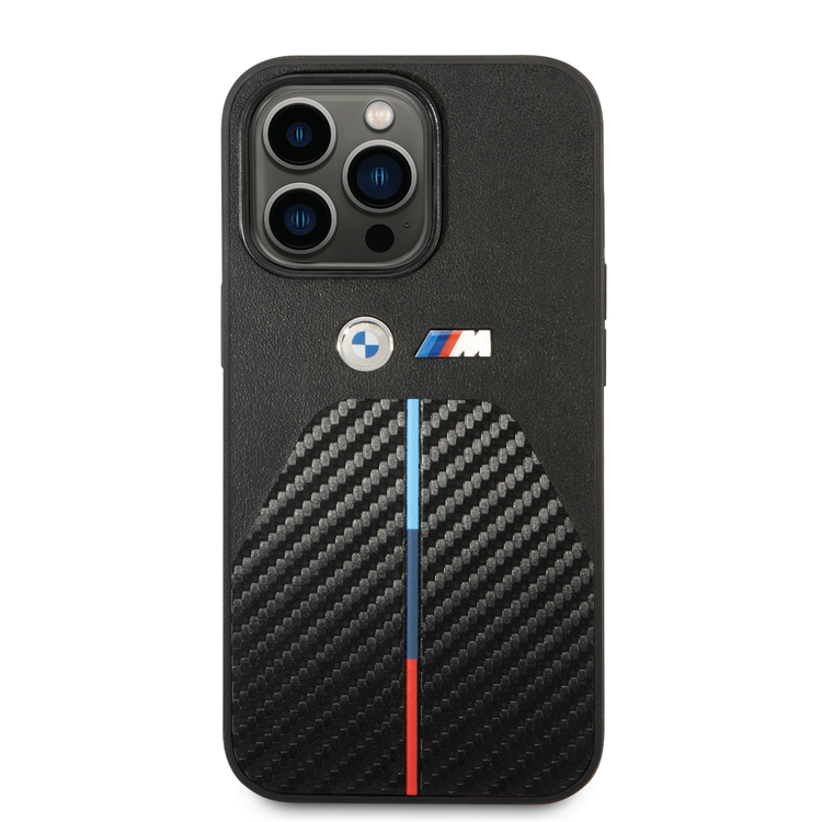 BMW M Collection Quilted PU Carbon Case with Hot Stamped Tricolor Stripe & Metal Logos iPhone 14 Pro Max Compatibility - Black