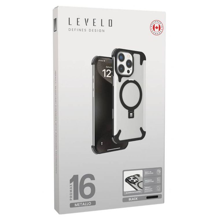 كفر حماية Levelo Metallo المصنوعة من الألومنيوم لهاتف iPhone 16 Pro Max، متوافقة مع MagSafe، مع حامل معدني وزوايا مقاومة للصدمات - أسود 