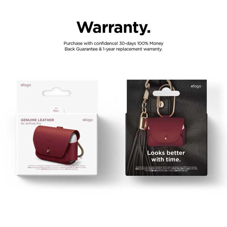 Elago Genuine Leather Case Compatible with Apple Airpods Pro, Vintage Design, Supports Wireless Charging, Brass Ring Holder, Anti-Slip Case, Shock Proof, Bring as Keychain - Red