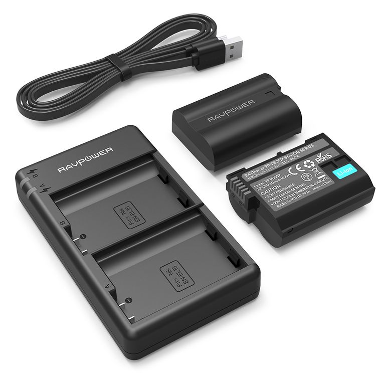 RAVPower EN-EL15 EN EL15A Battery Charger Set Compatible for Nikon D750, D7500, D850, D800, D7200, D500, D610, D600 (2-Pack, Micro USB Input Charger, 2100mAh / 14.7W Battery