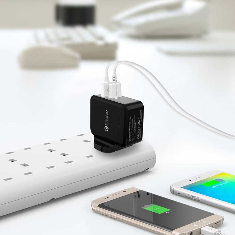 RAVPower QC3.0 30W Dual USB-A Port Wall Charger UK with iSmart Fast Charging Technology - Small & Travel-friendly Portable Adapter with Multiple Protection - Black