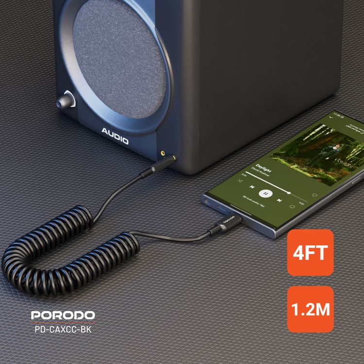 Porodo 3.5mm Type-C AUX Coiled Audio Cable Convenient Tangle-Free Design 1.2m/4ft, Type C to AUX, Universal Compatibility, Auto Retractable - Black