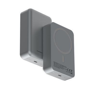 Powerology 20000mAh MagSafe Aluminum Power Bank with Battery Level Indicator, Lightweight & Compact Design, Fast & Simultaneous Charging, Type-C Input & Output, 15W Wireless Output - Gray
