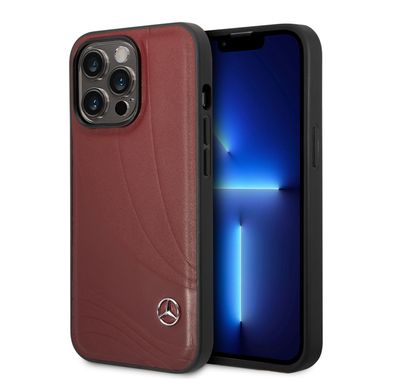 CG MOBILE Mercedes-Benz Genuine Leather Case With New WaveIII Pattern, Compatible w/ 14 Pro (6.1") Scratch & Drop Protection, Wireless Charger Compatibility - Red