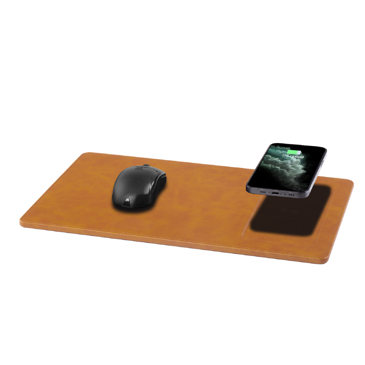 Powerology PU Leather Qi Wireless Charging Mouse Pad 10W, Case-Friendly, Fast Wireless Charging Mouse Mat Compatible for 12/12 Pro/12 Pro Max/11/11 Pro/11 Pro Max, Samsung Galaxy S10/S9/S8/Note 10 - Cognac