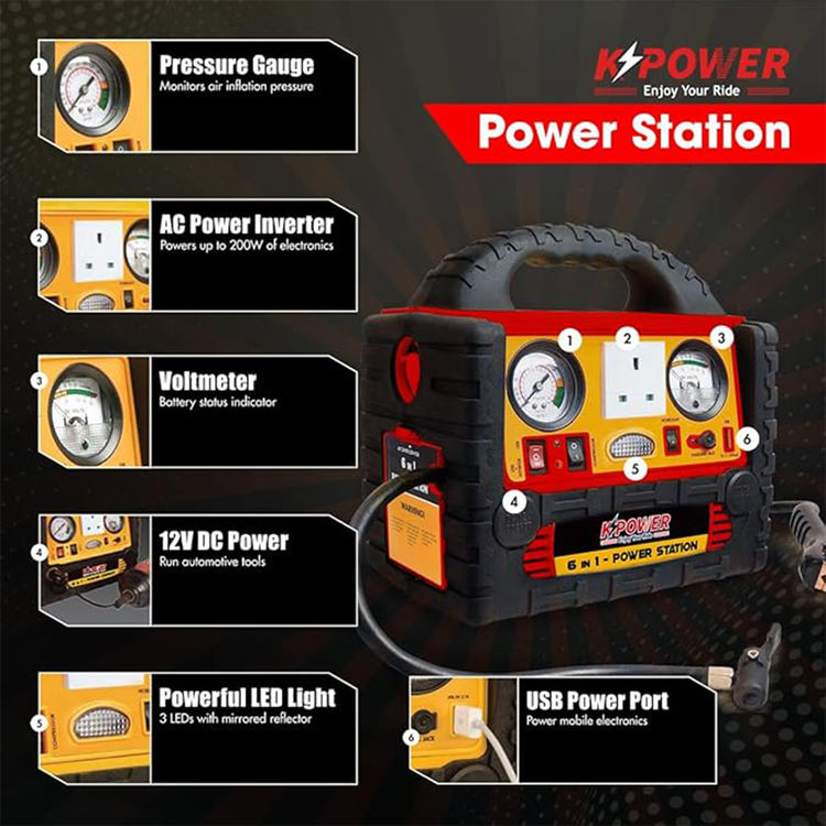 K POWER Portable Power Generator & Car Jump Starter, 1400 Peak Amp, 48000mAh, 200W, 220V, 260PSI Air Compressor, LED Light, High Power Safety