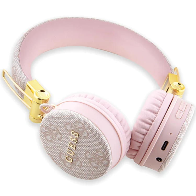 Guess سماعات رأس لاسلكية 4G جلد PU مع شعار معدني - القرنفل