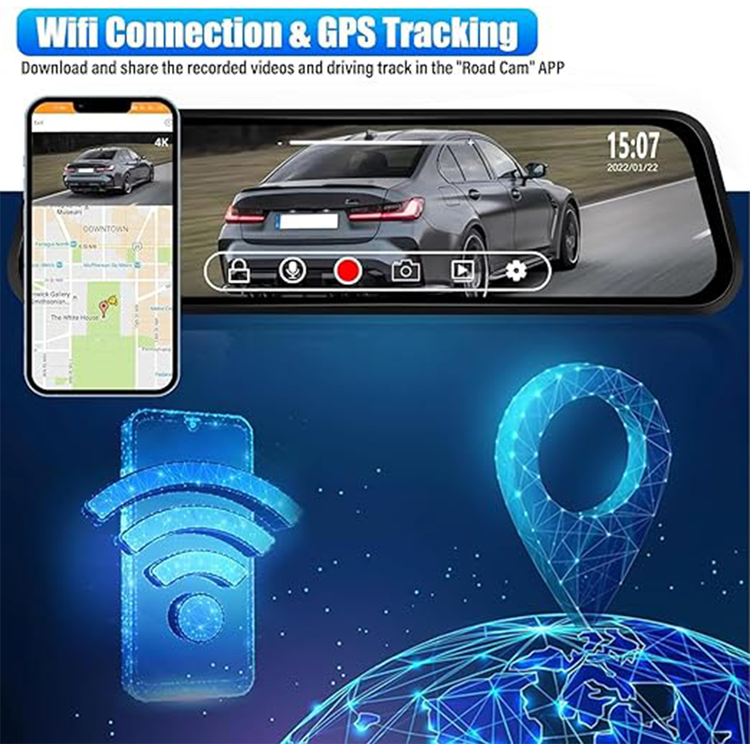 كاميرا مرآة الرؤية الخلفية الذكية ROADPOWER 4K مقاس 10 بوصات، وكاميرا أمامية للوحة القيادة، وشاشة تعمل باللمس، وكاميرا احتياطية، وشاشة مراقبة وقوف السيارات