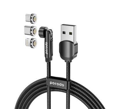 كابل Porodo 3in1 TPE 1M أسود مع رأس قابل للدوران لـ Micro وLightning وType-C - 1 م