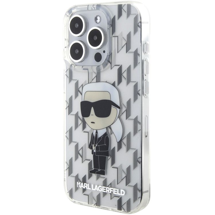 Karl Lagerfeld IML Hard Case with Iconic Monogram for iPhone 16 Pro Max, Drop Protection, Slim Profile, Lightweight, Comfortable Grip, Sustainable Packing - Transparent