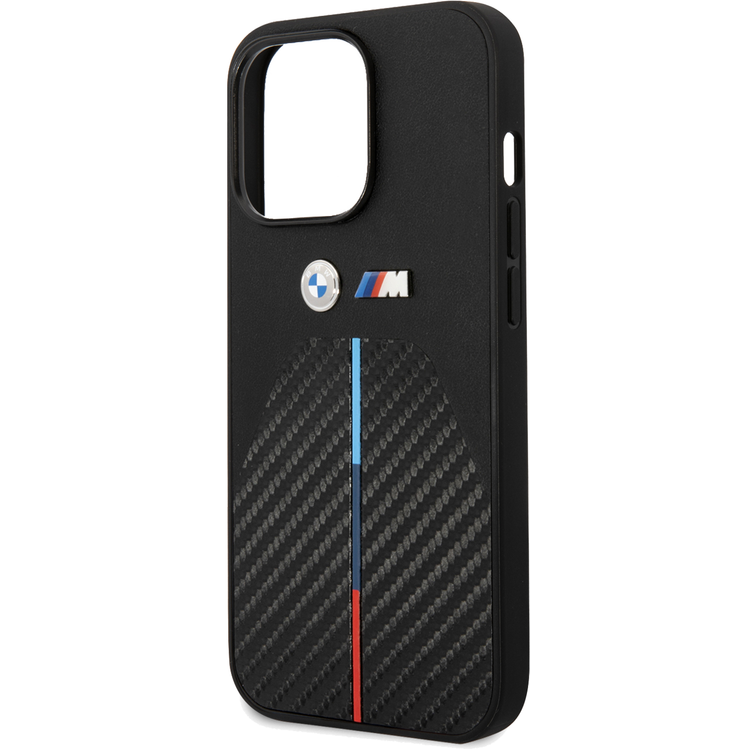 BMW M Collection Quilted PU Carbon Case with Hot Stamped Tricolor Stripe & Metal Logos iPhone 14 Pro Compatibility - Black