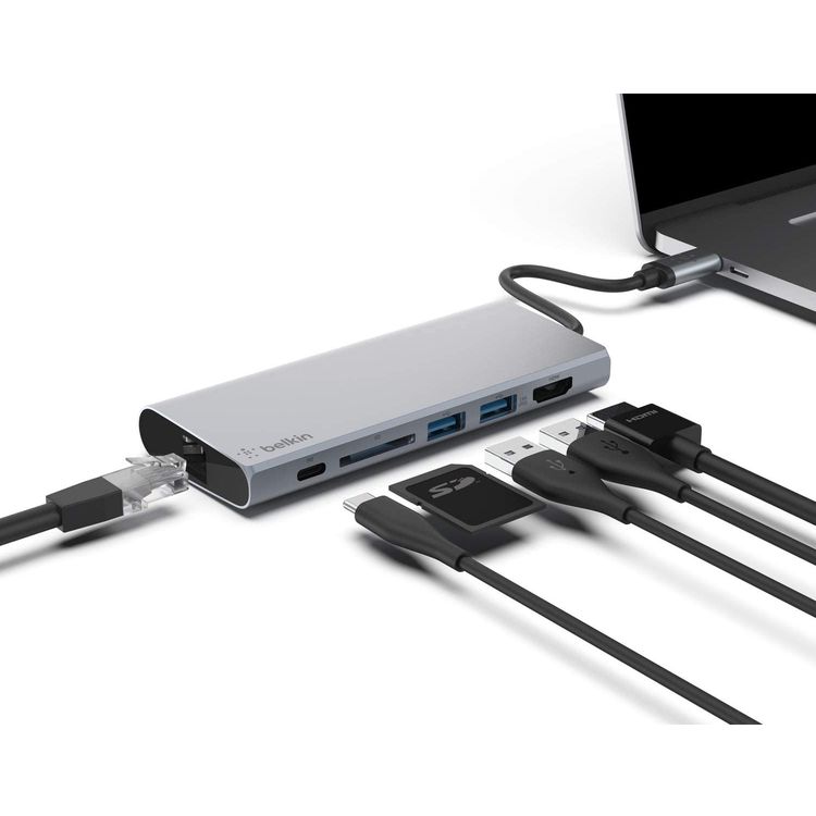 Belkin USB-C Multimedia ( 60W) Hub with USB-A USB-C HDMI Ethernet Card Reader, USB-C Multiport Hub with 5Gbps Compatible for MacBook Pro 13" M1 (2020), MacBook Air 13" M1 (2020), & Mac mini M1 (2020) - Space Gray