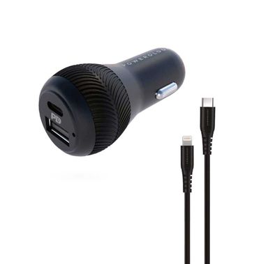 Powerology شاحن سيارة بمنفذ مزدوج 32 وات USB 2.4A + PD 18 وات مع كابل إضاءة من النوع C إلى Mfi