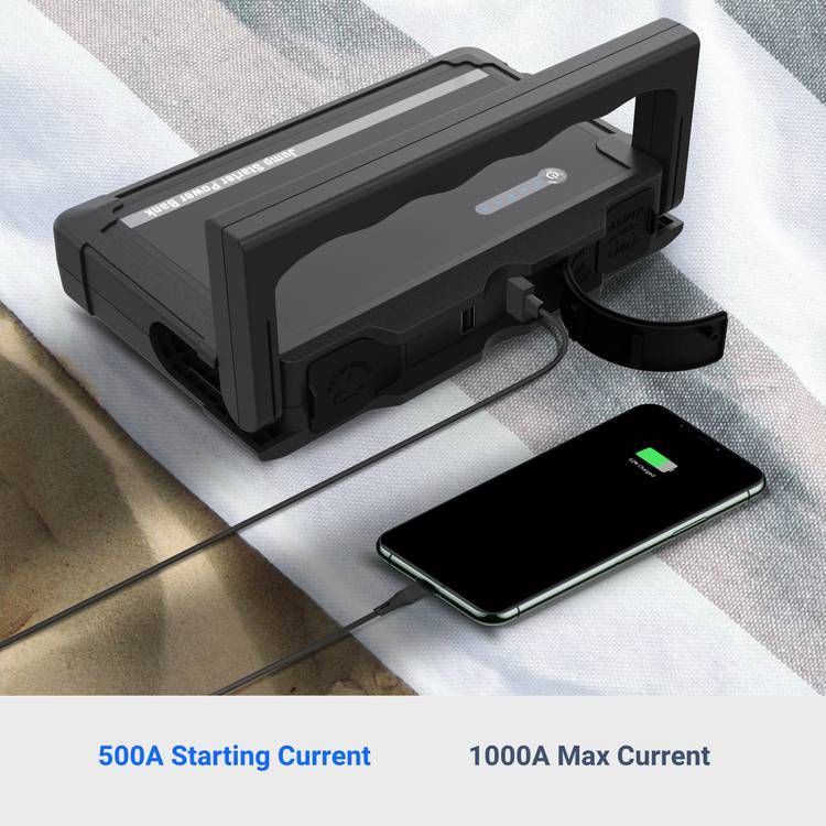 باورولوجي جامب ستارتر باور بانك ، بادئ تشغيل السيارة بقوة 1000 أمبير ، بنك طاقة 25000 مللي أمبير متعدد المنافذ ، شاحن هاتف محمول مع حماية أمان ، مصباح يدوي LED مدمج - أسود